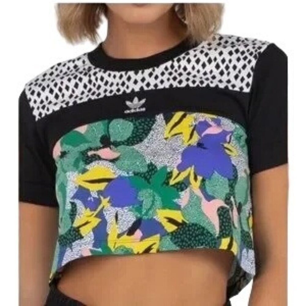 adidas Black Floral Patchwork Crop Tee with Green and Purple Accents